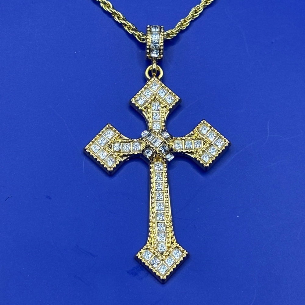 Gold plated iced out X Cross pendant 3A CZ chain included